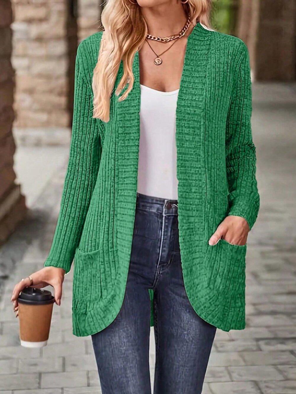 Green Casual Women's Plus Size Long Sleeve Knitted Cardigan